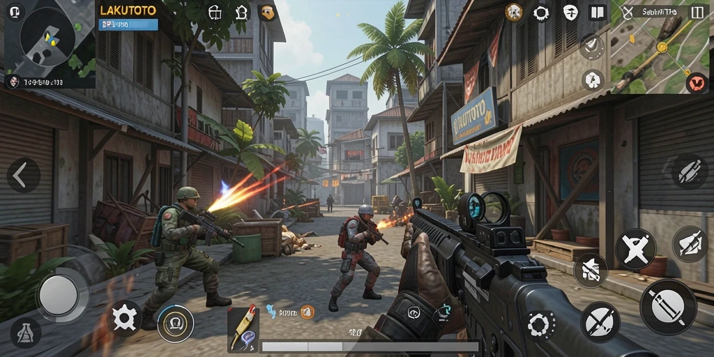 Screenshot gameplay LAKUTOTO dengan aksi tembakan yang intens.